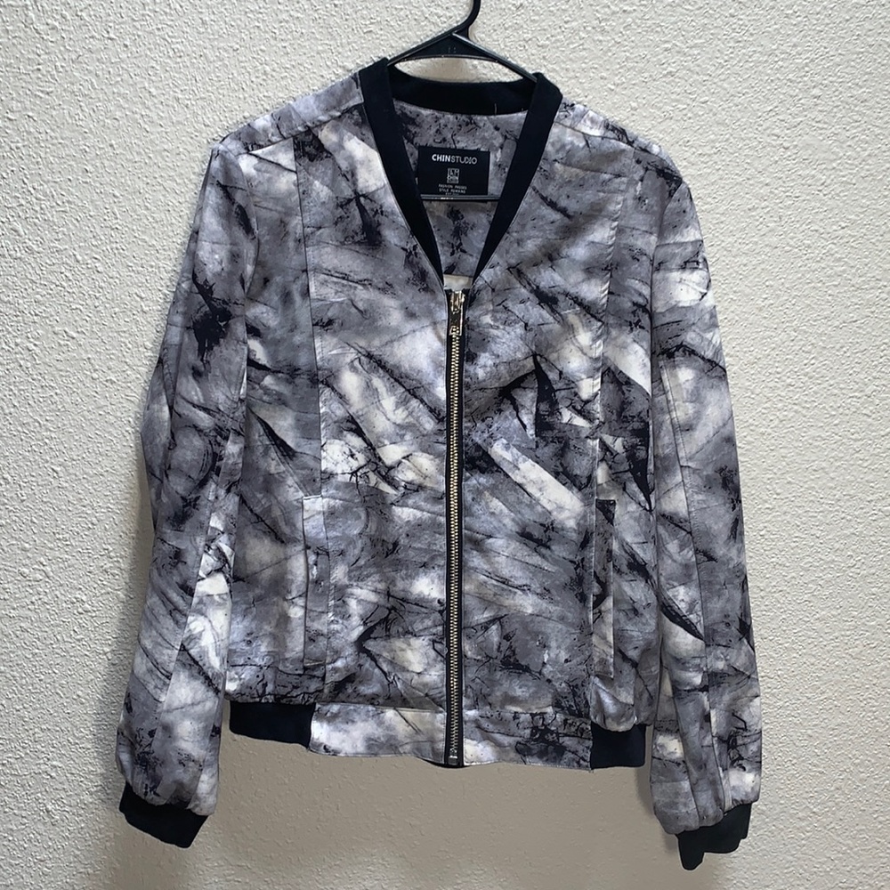 CHINSTUDIO FASHION PASSES marbled black white grey silver zip-up bomber Jacket